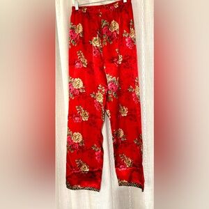 Red satin floral pajama pants w/leopard print trim. Sz. M